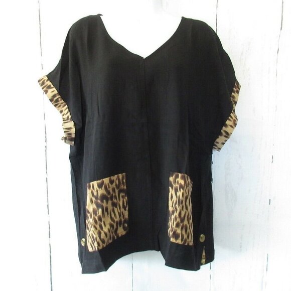 Umgee Top Linen Blend Leopard Print Pockets Short Sleeve Boxy - Picture 2 of 7